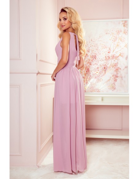  362-3 JUSTINE Long dress with a neckline and a tie - dirty pink 