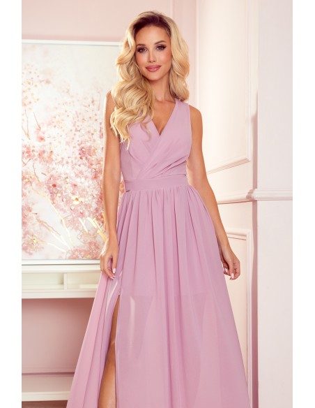  362-3 JUSTINE Long dress with a neckline and a tie - dirty pink 