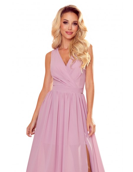  362-3 JUSTINE Long dress with a neckline and a tie - dirty pink 