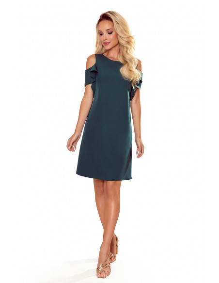  359-2 A trapezoidal dress with frills on the shoulders - green 