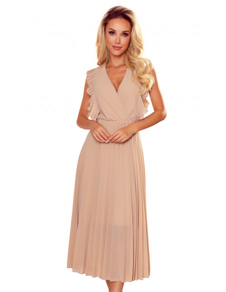  315-5 EMILY Pleated dress with frills and neckline - beige 