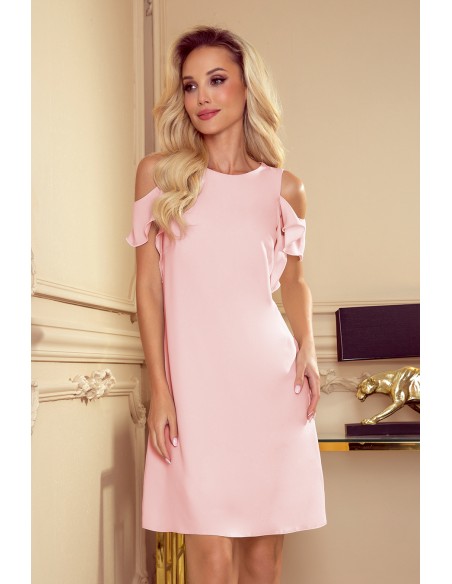 359-1 A trapezoidal dress with frills on the shoulders - pastel pink 