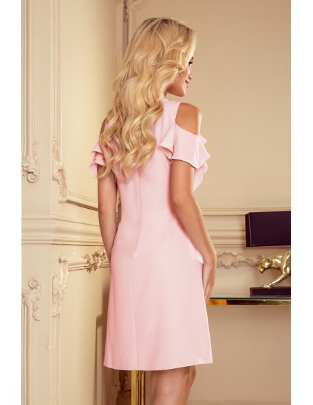  359-1 A trapezoidal dress with frills on the shoulders - pastel pink 