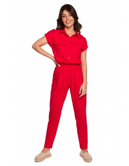 B223 Safari jumpsuit with flap pockets - red