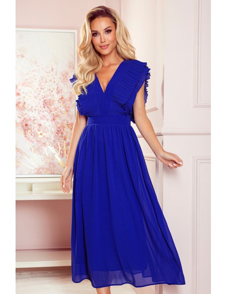  367-2 YANA Midi dress with pleated frills and a neckline - royal blue 