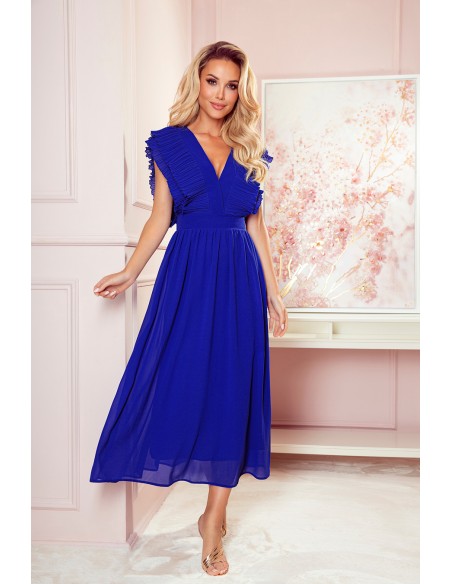  367-2 YANA Midi dress with pleated frills and a neckline - royal blue 