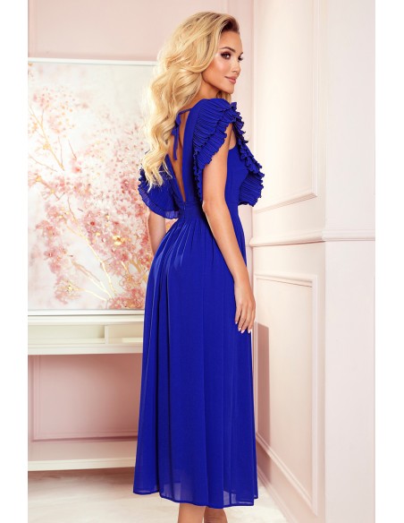  367-2 YANA Midi dress with pleated frills and a neckline - royal blue 