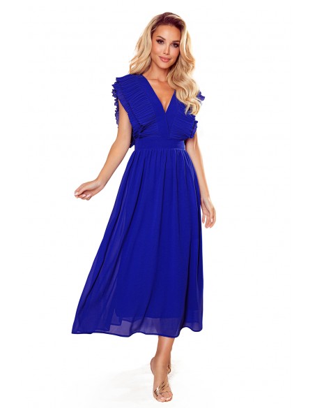  367-2 YANA Midi dress with pleated frills and a neckline - royal blue 