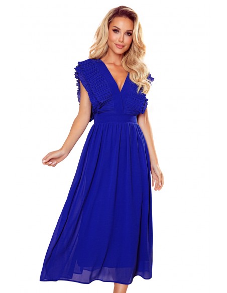  367-2 YANA Midi dress with pleated frills and a neckline - royal blue 