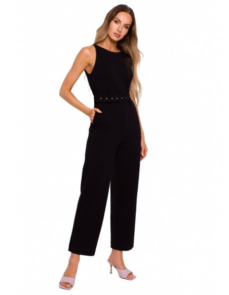 M679 Sleeveless jumpsuit with a buckle belt - black