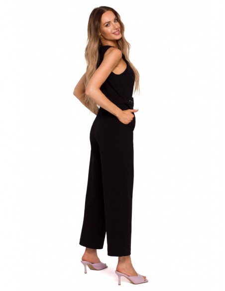 M679 Sleeveless jumpsuit with a buckle belt - black