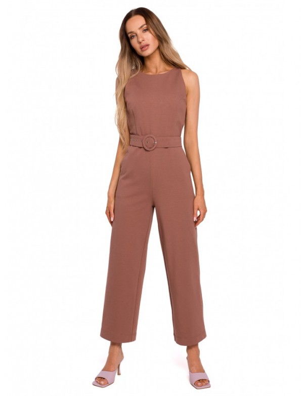 M679 Sleeveless jumpsuit with a buckle belt - chocolate