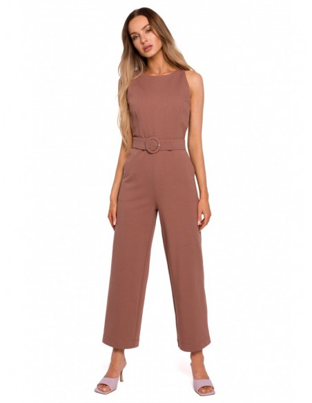M679 Sleeveless jumpsuit with a buckle belt - chocolate