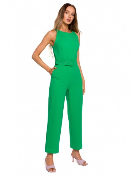 M679 Sleeveless jumpsuit with a buckle belt - green