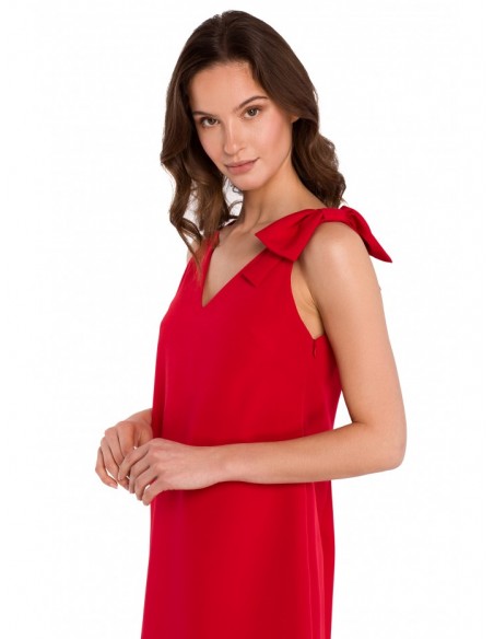 K128 Plain A-line dress with a bow - red