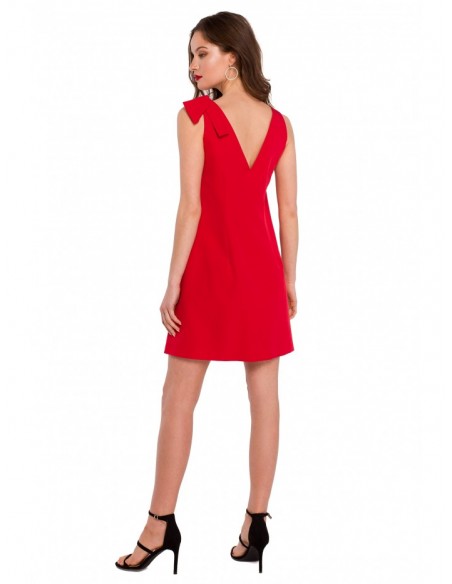 K128 Plain A-line dress with a bow - red