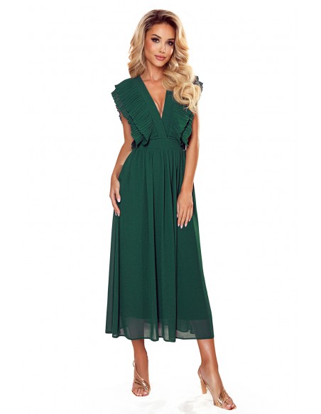  367-1 YANA Midi dress with pleated frills and a neckline - green 