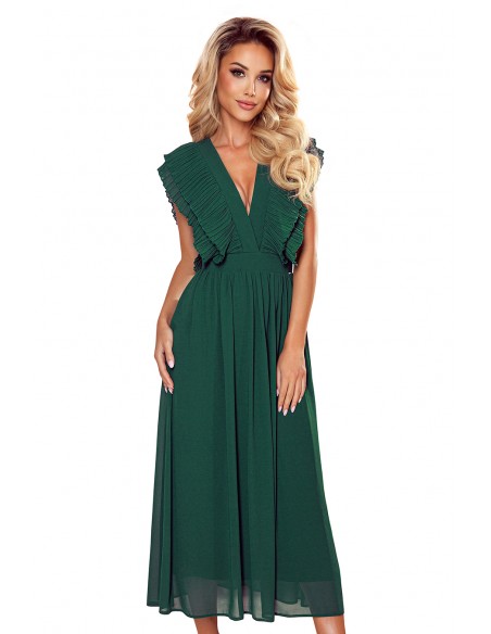  367-1 YANA Midi dress with pleated frills and a neckline - green 