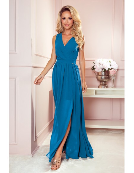  362-4 JUSTINE Long dress with a neckline and a tie - blue 