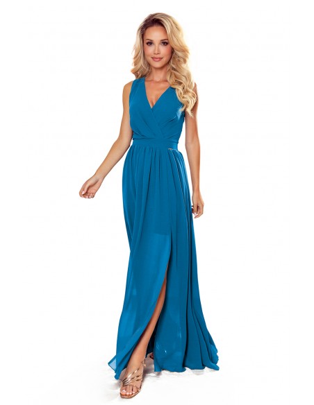  362-4 JUSTINE Long dress with a neckline and a tie - blue 