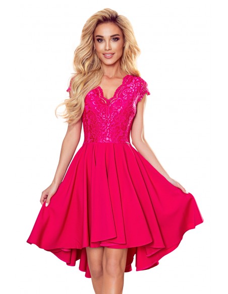  300-6 PATRICIA - dress with longer back with lace neckline - raspberry color 