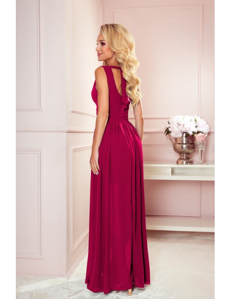  362-5 JUSTINE Long dress with a neckline and a tie - Burgundy color 