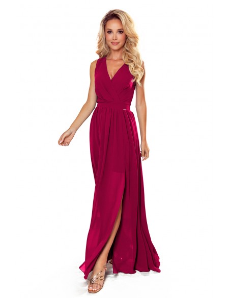  362-5 JUSTINE Long dress with a neckline and a tie - Burgundy color 