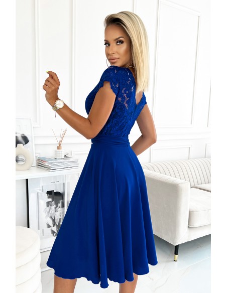  381-3 LINDA - chiffon dress with lace neckline - royal blue 