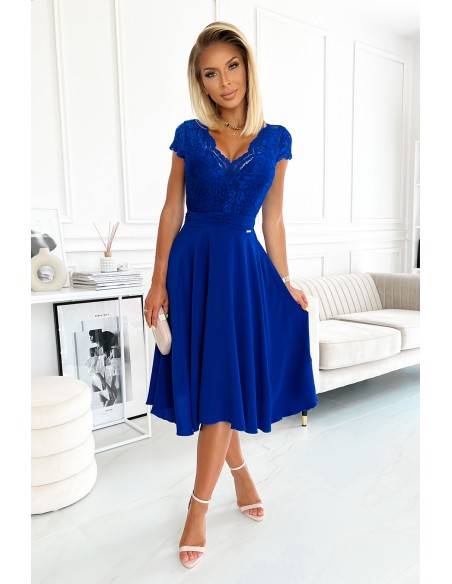  381-3 LINDA - chiffon dress with lace neckline - royal blue 