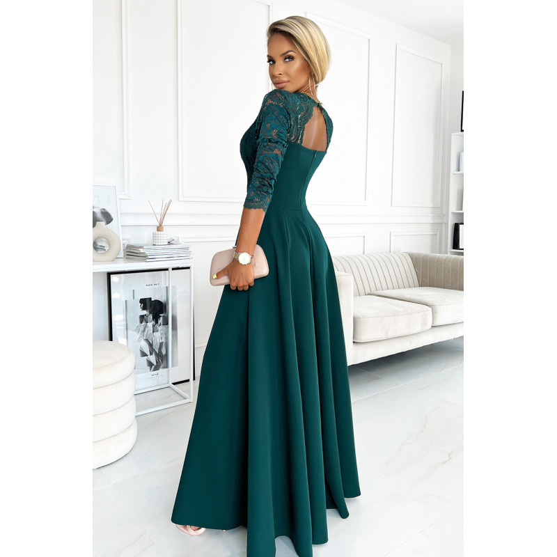 309-5 AMBER elegant lace long dress with a neckline - green  2