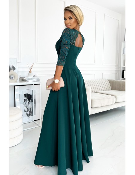  309-5 AMBER elegant lace long dress with a neckline - green 