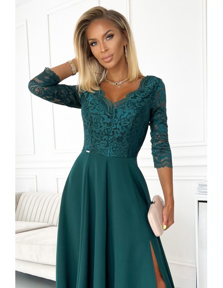  309-5 AMBER elegant lace long dress with a neckline - green 