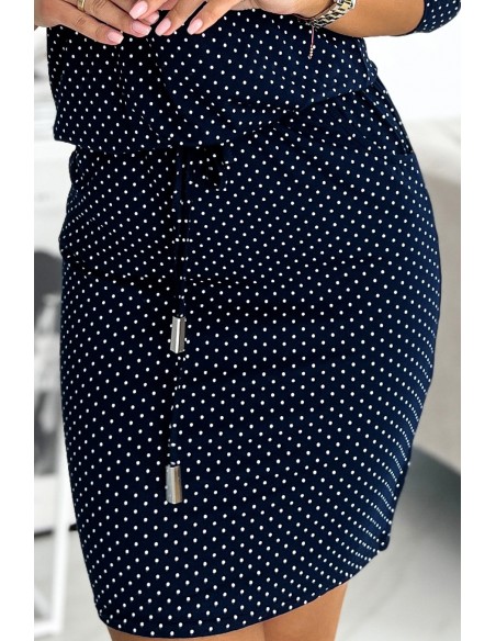  13-147 Sports dress with pockets - navy blue with small dots 