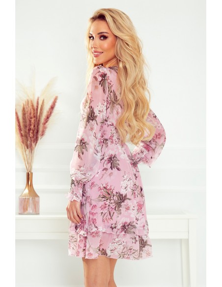  410-1 MONICA chiffon dress with a tied neckline - dirty pink + flowers 
