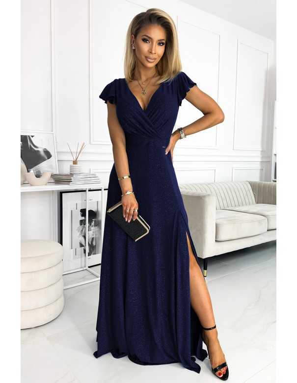  411-3 CRYSTAL long shimmering dress with a neckline - navy blue 