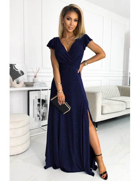  411-3 CRYSTAL long shimmering dress with a neckline - navy blue 