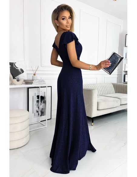  411-3 CRYSTAL long shimmering dress with a neckline - navy blue 