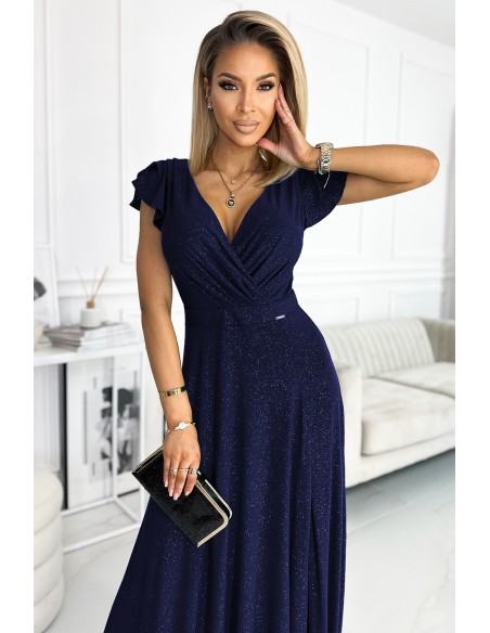  411-3 CRYSTAL long shimmering dress with a neckline - navy blue 