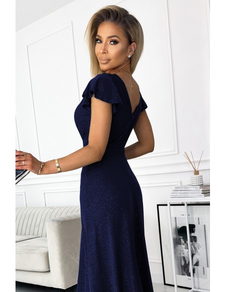  411-3 CRYSTAL long shimmering dress with a neckline - navy blue 