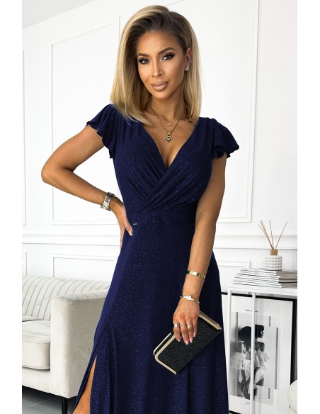  411-3 CRYSTAL long shimmering dress with a neckline - navy blue 