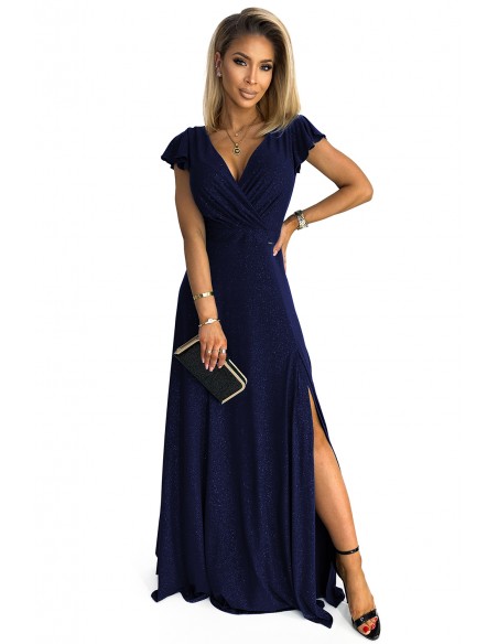  411-3 CRYSTAL long shimmering dress with a neckline - navy blue 