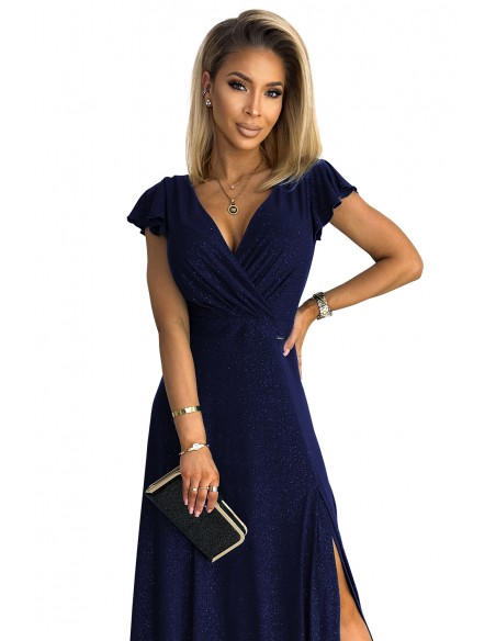  411-3 CRYSTAL long shimmering dress with a neckline - navy blue 