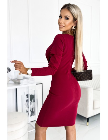  398-2 Elegant cotton dress with an envelope neckline and long sleeves - Burgundy color 