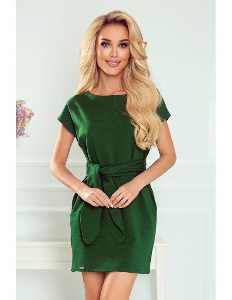  370-4 Dress with short sleeves and a wide tied belt - green 