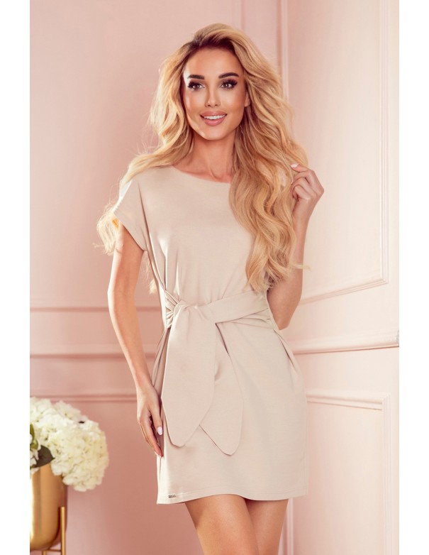  370-2 Dress with short sleeves and a wide tied belt - beige 
