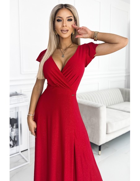  411-2 CRYSTAL long shimmering dress with a neckline - red 