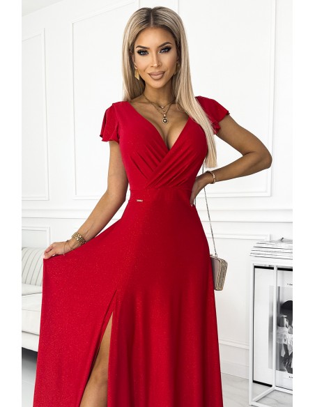  411-2 CRYSTAL long shimmering dress with a neckline - red 