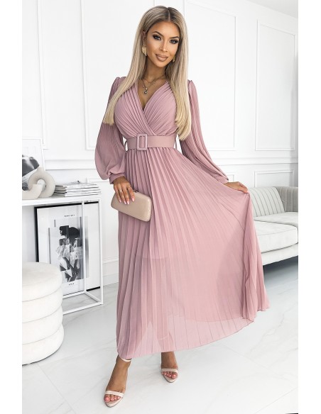  414-2 KLARA pleated dress with a belt and a neckline - powder pink 