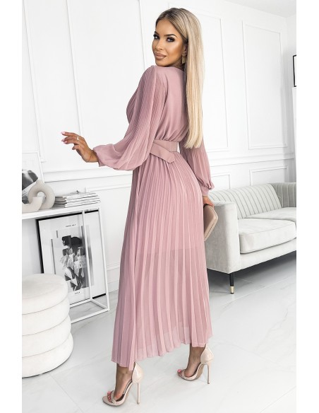  414-2 KLARA pleated dress with a belt and a neckline - powder pink 