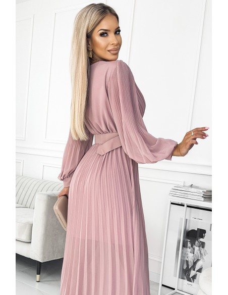  414-2 KLARA pleated dress with a belt and a neckline - powder pink 